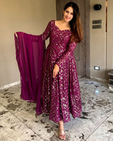 Ready To Wear Wine Faux Georgette Multi Needle Work Anarkali Suit With Dupatta